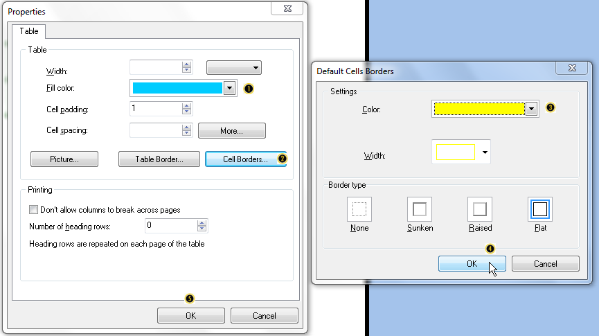 图T5.21  Table Properties and Default Cells Border Dialogs (表格属性和默认单元格边框对话框)